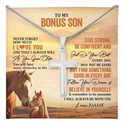 Stainless Cross Necklace Stainless Steel | 1 | Personalized To My Bonus Son I Love You Forever Necklace From Stepmom Stepdad Horse Stepson Birthday Graduation Christmas Customized Gift Box Message Card | teecentury