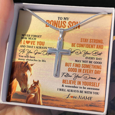 Stainless Cross Necklace Stainless Steel | 2 | Personalized To My Bonus Son I Love You Forever Necklace From Stepmom Stepdad Horse Stepson Birthday Graduation Christmas Customized Gift Box Message Card | teecentury
