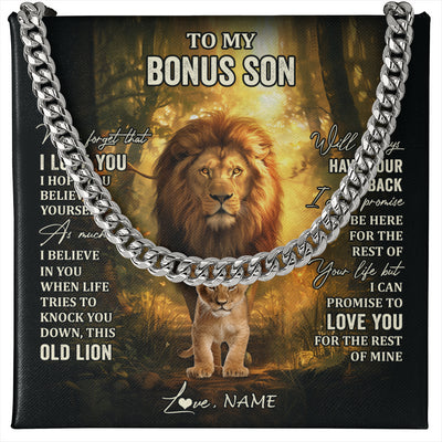 Cuban Link Chain Necklace Stainless Steel | 1 | Personalized To My Bonus Son Lion Necklace From Stepdad Never Forget That I Love You Stepson Birthday Graduation Christmas Customized Gift Box Message Card | teecentury