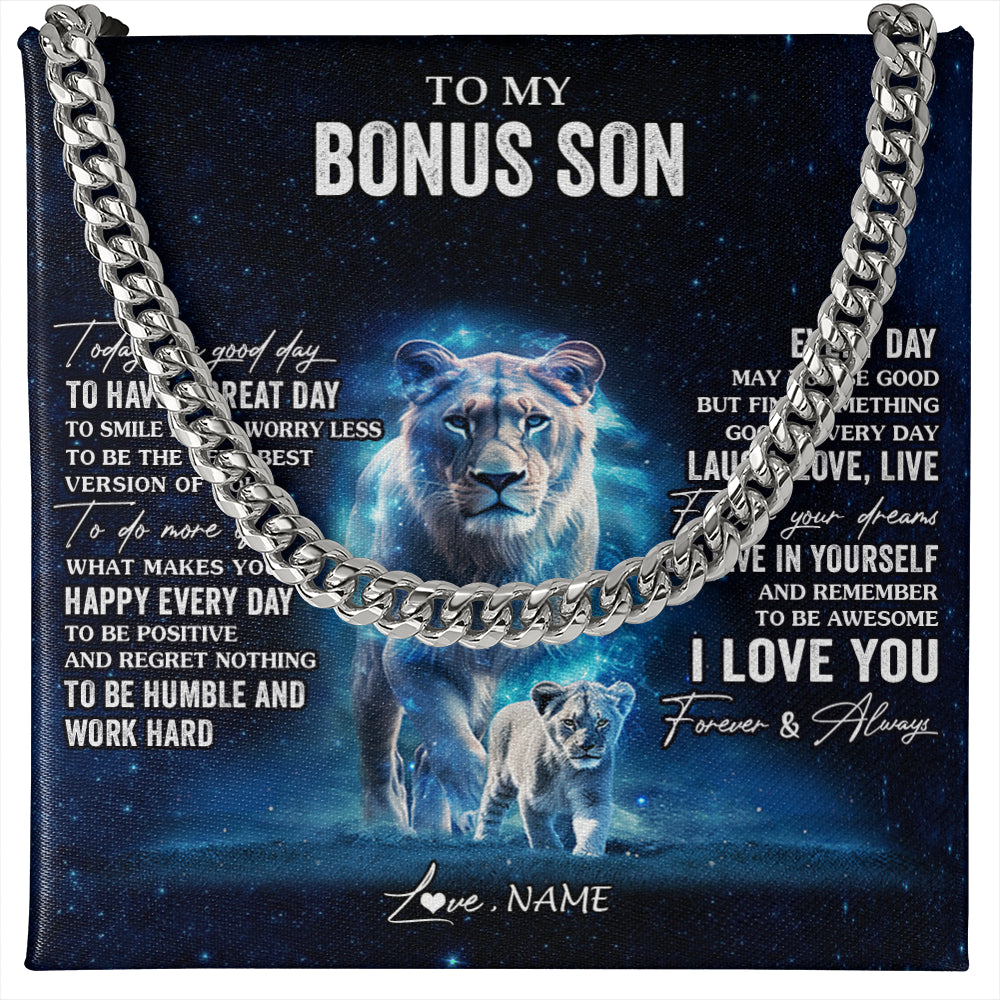 Cuban Link Chain Necklace Stainless Steel | 1 | Personalized To My Bonus Son Lion Necklace From Stepmom Today Is A Good Day Stepson Gifts Birthday Graduation Christmas Customized Gift Box Message Card | teecentury
