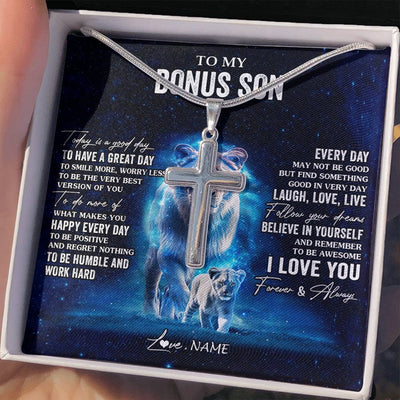 Stainless Cross Necklace Stainless Steel | 2 | Personalized To My Bonus Son Lion Necklace From Stepmom Today Is A Good Day Stepson Gifts Birthday Graduation Christmas Customized Gift Box Message Card | teecentury