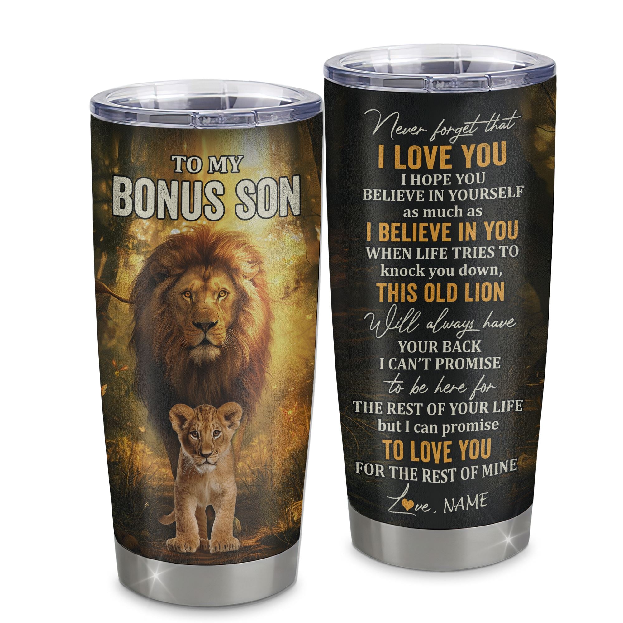 Personalized To My Bonus Son Lion Tumbler From Stepdad Never Forget That I Love You Stepson Birthday Gifts Graduation Christmas Custom Stainless Steel Cup Travel Mug | teecentury