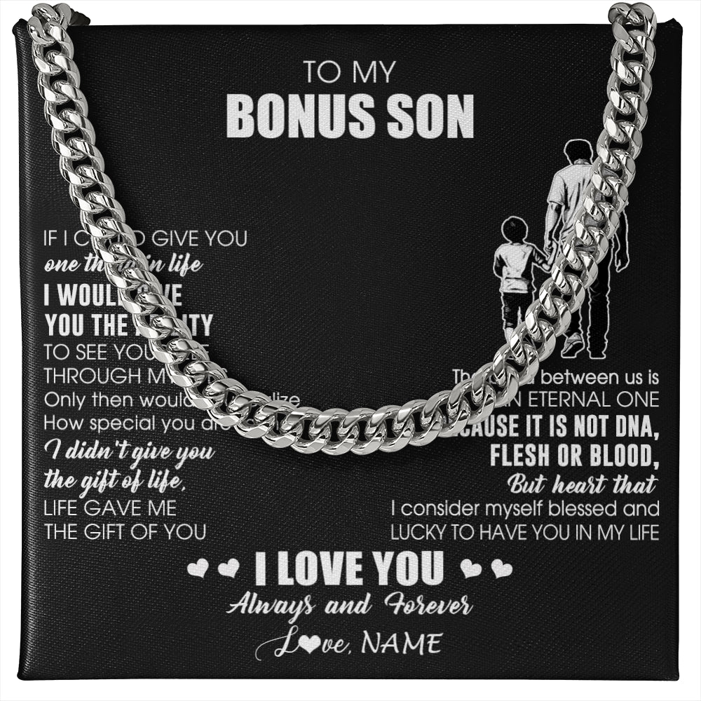 Cuban Link Chain Necklace Stainless Steel | 1 | Personalized To My Bonus Son Necklace From Bonus Dad It Is Not DNA I Love You Stepson Birthday Gifts Meaningful Christmas Customized Gift Box Message Card | teecentury