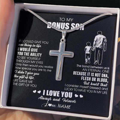 Stainless Cross Necklace Stainless Steel | 2 | Personalized To My Bonus Son Necklace From Bonus Dad It Is Not DNA I Love You Stepson Birthday Gifts Meaningful Christmas Customized Gift Box Message Card | teecentury