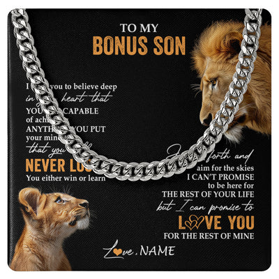 Cuban Link Chain Necklace Stainless Steel | 1 | Personalized To My Bonus Son Necklace From Bonus Dad Stepfather You Will Never Lose Lion Stepson Birthday Gifts Graduation Christmas Gift Box Message Card | teecentury