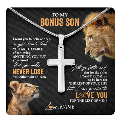 Stainless Cross Necklace Stainless Steel | 1 | Personalized To My Bonus Son Necklace From Bonus Dad Stepfather You Will Never Lose Lion Stepson Birthday Gifts Graduation Christmas Gift Box Message Card | teecentury
