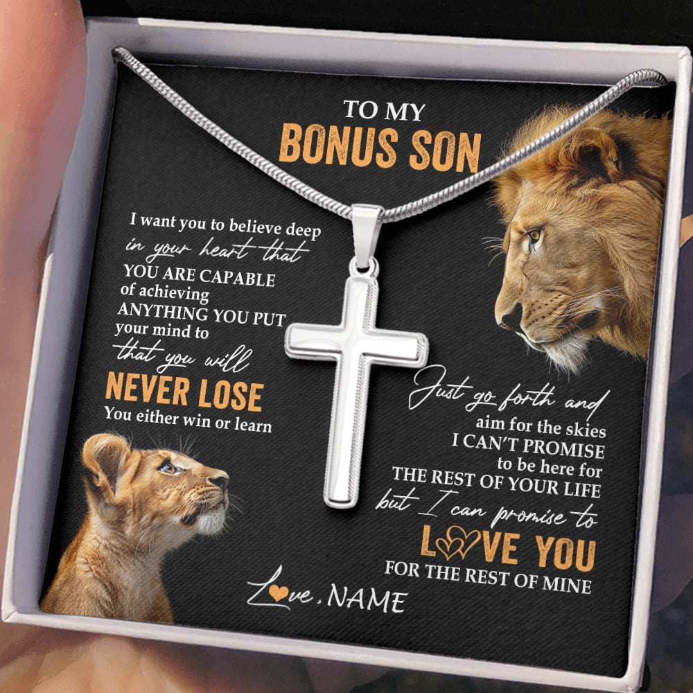 Stainless Cross Necklace Stainless Steel | 2 | Personalized To My Bonus Son Necklace From Bonus Dad Stepfather You Will Never Lose Lion Stepson Birthday Gifts Graduation Christmas Gift Box Message Card | teecentury