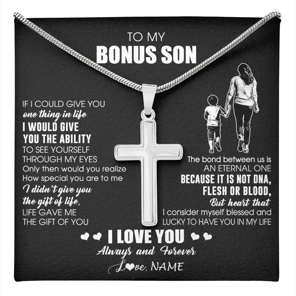 Stainless Cross Necklace Stainless Steel | 1 | Personalized To My Bonus Son Necklace From Bonus Mom It Is Not DNA I Love You Stepson Birthday Gifts Meaningful Christmas Customized Gift Box Message Card | teecentury