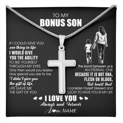Stainless Cross Necklace Stainless Steel | 1 | Personalized To My Bonus Son Necklace From Bonus Mom It Is Not DNA I Love You Stepson Birthday Gifts Meaningful Christmas Customized Gift Box Message Card | teecentury
