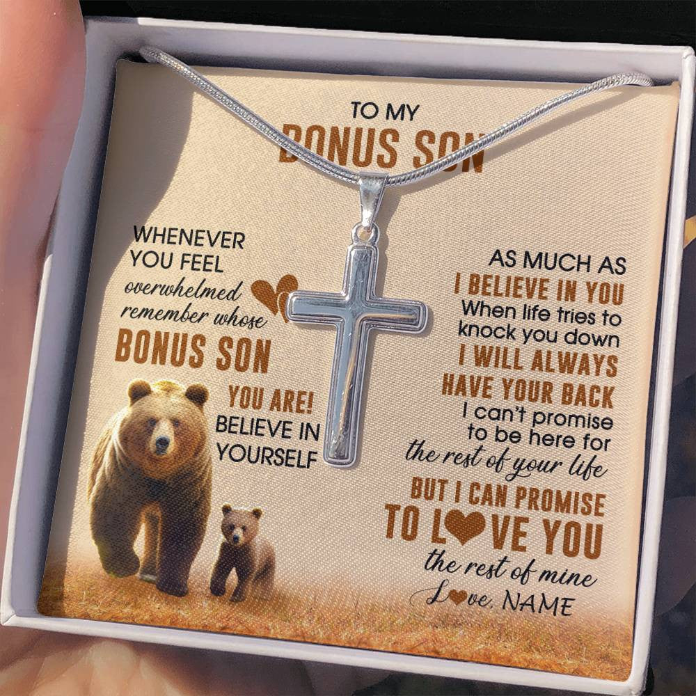 Stainless Cross Necklace Stainless Steel | 2 | Personalized To My Bonus Son Necklace From StepMom Whenever You Feel Bear Stepson Birthday Gifts Gifts Graduation Christmas Customized Gift Box Message Card | teecentury