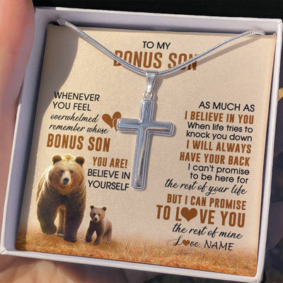Stainless Cross Necklace Stainless Steel | 2 | Personalized To My Bonus Son Necklace From StepMom Whenever You Feel Bear Stepson Birthday Gifts Gifts Graduation Christmas Customized Gift Box Message Card | teecentury