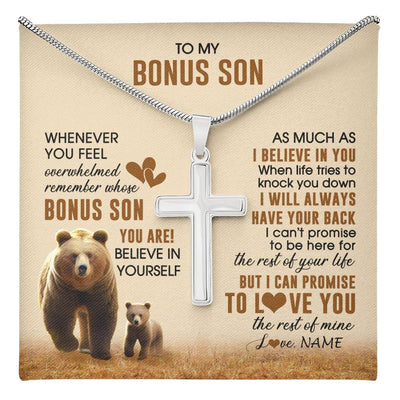 Stainless Cross Necklace Stainless Steel | 1 | Personalized To My Bonus Son Necklace From StepMom Whenever You Feel Bear Stepson Birthday Gifts Gifts Graduation Christmas Customized Gift Box Message Card | teecentury