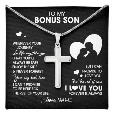 Stainless Cross Necklace Stainless Steel | 1 | Personalized To My Bonus Son Necklace From Step Dad Father Wherever Your Journey Stepson Birthday Gifts Graduation Christmas Customized Gift Box Message Card | teecentury