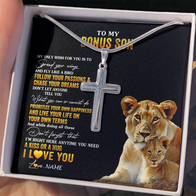 Stainless Cross Necklace Stainless Steel | 2 | Personalized To My Bonus Son Necklace From Step Mom Lion My Only Wish For You Stepson Birthday Graduation Christmas Customized Gift Box Message Card | teecentury