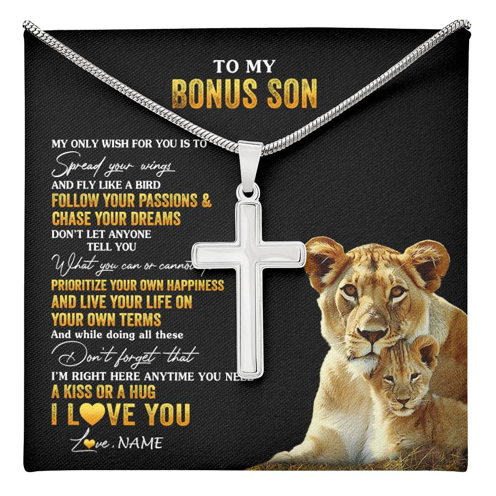 Stainless Cross Necklace Stainless Steel | 1 | Personalized To My Bonus Son Necklace From Step Mom Lion My Only Wish For You Stepson Birthday Graduation Christmas Customized Gift Box Message Card | teecentury