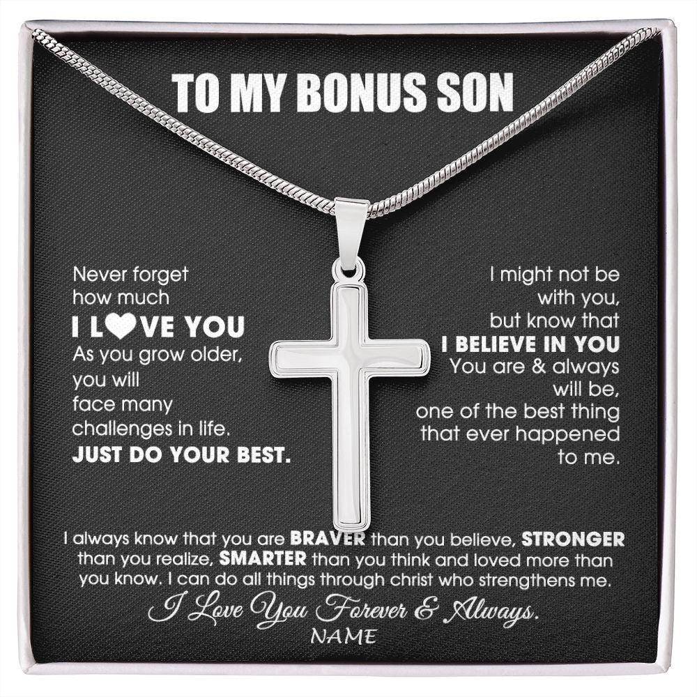 Stainless Cross Necklace | Personalized To My Bonus Son Necklace From Step Mom Stepdad Smarter Than You Think Step Son Birthday Christmas Customized Gift Box Message Card | teecentury