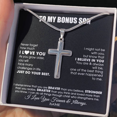 Stainless Cross Necklace | Personalized To My Bonus Son Necklace From Step Mom Stepdad Smarter Than You Think Step Son Birthday Christmas Customized Gift Box Message Card | teecentury
