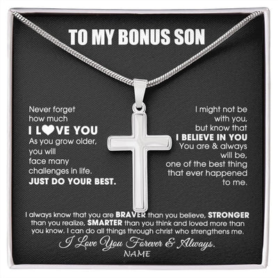Stainless Cross Necklace | Personalized To My Bonus Son Necklace From Step Mom Stepdad Smarter Than You Think Step Son Birthday Christmas Customized Gift Box Message Card | teecentury