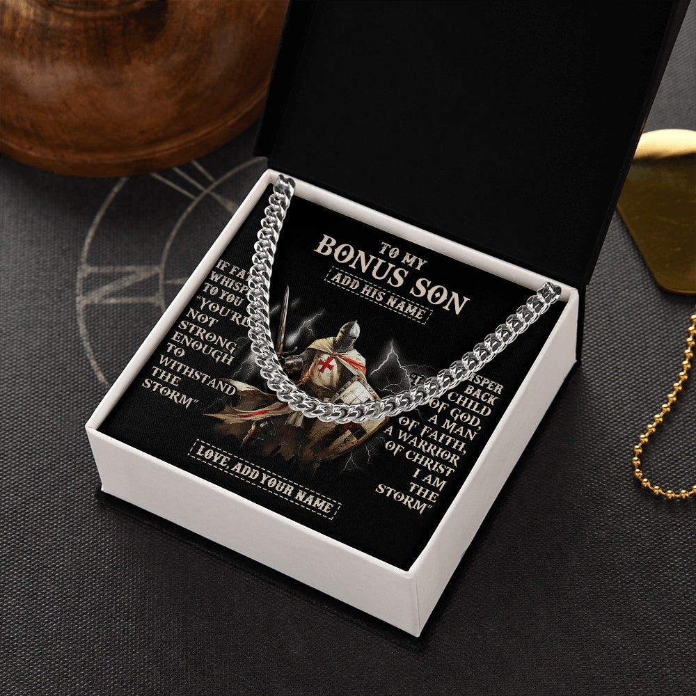 Cuban Link Chain Necklace Stainless Steel | 2 | Personalized To My Bonus Son Necklace From Stepdad For Men Warrior Knight Templar I Am The Storm Birthday Gifts For Stepson Christmas Gift Box Message Card | https://teecentury.