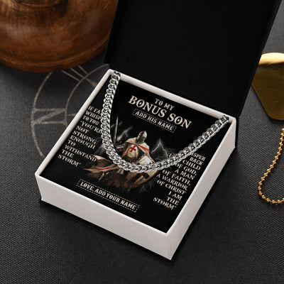 Cuban Link Chain Necklace Stainless Steel | 2 | Personalized To My Bonus Son Necklace From Stepdad For Men Warrior Knight Templar I Am The Storm Birthday Gifts For Stepson Christmas Gift Box Message Card | https://teecentury.
