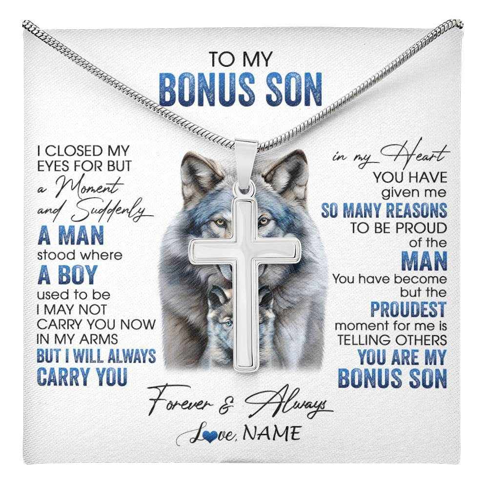 Stainless Cross Necklace Stainless Steel | 1 | Personalized To My Bonus Son Necklace From Stepdad I Close My Eyes For But A Moment Wolf Stepson Birthday Gifts Christmas Customized Gift Box Message Card | teecentury