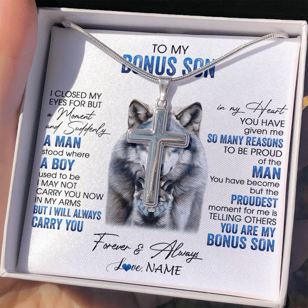 Stainless Cross Necklace Stainless Steel | 2 | Personalized To My Bonus Son Necklace From Stepdad I Close My Eyes For But A Moment Wolf Stepson Birthday Gifts Christmas Customized Gift Box Message Card | teecentury