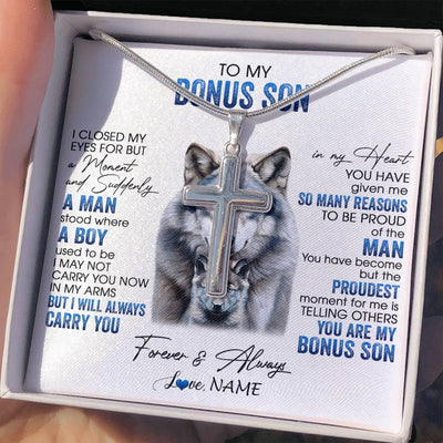 Stainless Cross Necklace Stainless Steel | 2 | Personalized To My Bonus Son Necklace From Stepdad I Close My Eyes For But A Moment Wolf Stepson Birthday Gifts Christmas Customized Gift Box Message Card | teecentury
