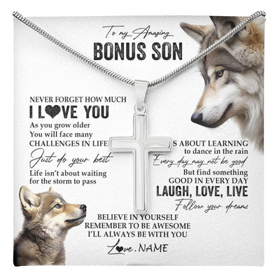 Stainless Cross Necklace Stainless Steel | 1 | Personalized To My Bonus Son Necklace From Stepdad Just Do You Best Laugh Love Live Wolf Stepson Birthday Graduation Christmas Customized Gift Box Message Card | teecentury