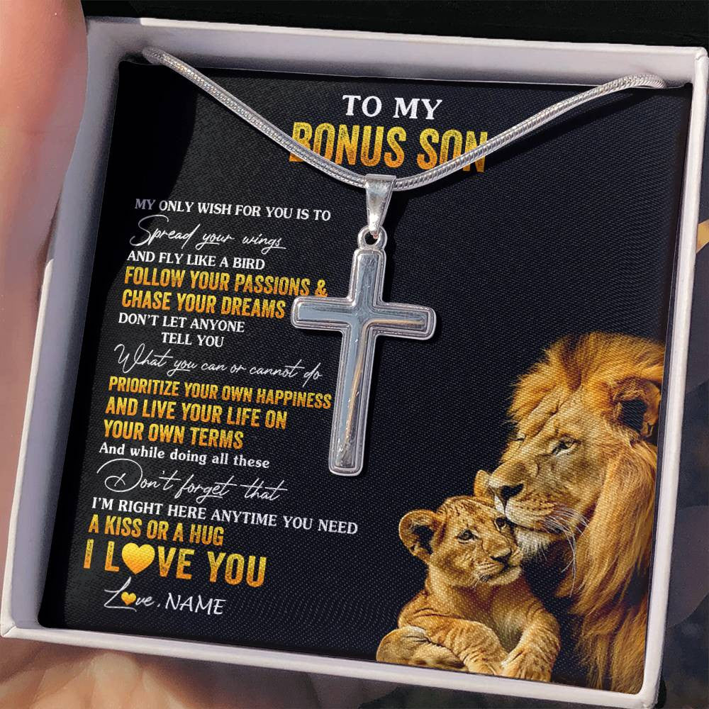 Stainless Cross Necklace Stainless Steel | 2 | Personalized To My Bonus Son Necklace From Stepdad Lion My Only Wish For You Stepson Birthday Graduation Christmas Customized Gift Box Message Card | teecentury