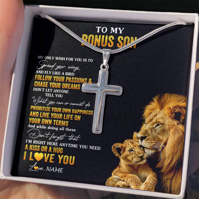 Stainless Cross Necklace Stainless Steel | 2 | Personalized To My Bonus Son Necklace From Stepdad Lion My Only Wish For You Stepson Birthday Graduation Christmas Customized Gift Box Message Card | teecentury