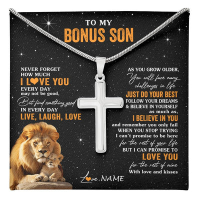 Stainless Cross Necklace Stainless Steel | 1 | Personalized To My Bonus Son Necklace From Stepdad Live Laugh Love Lion Stepson Birthday Gifts Positive Graduation Christmas Customized Gift Box Message Card | teecentury
