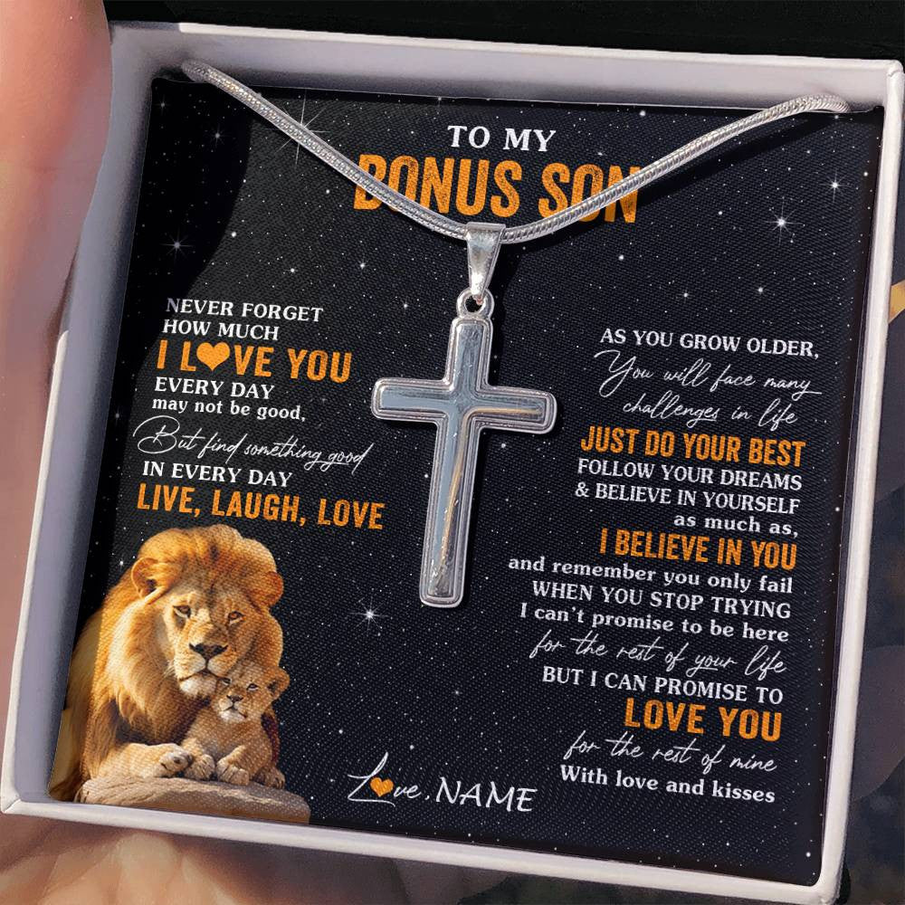 Stainless Cross Necklace Stainless Steel | 2 | Personalized To My Bonus Son Necklace From Stepdad Live Laugh Love Lion Stepson Birthday Gifts Positive Graduation Christmas Customized Gift Box Message Card | teecentury