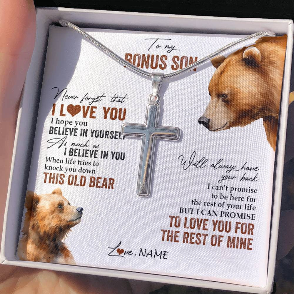 Stainless Cross Necklace Stainless Steel | 2 | Personalized To My Bonus Son Necklace From Stepdad Mom Never Forget That I Love You Bear Stepson Birthday Graduation Christmas Customized Gift Box Message Card | teecentury