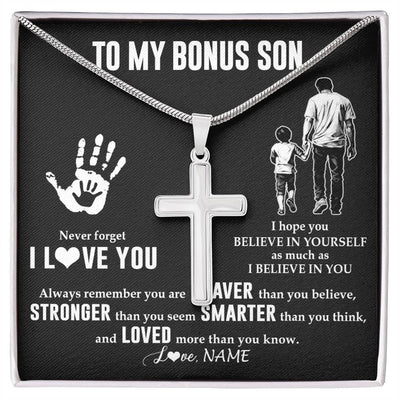 Stainless Cross Necklace Stainless Steel | 1 | Personalized To My Bonus Son Necklace From Stepdad Never Forget I Love You Stepson Birthday Gifts Christmas Graduation Customized Gift Box Message Card | teecentury