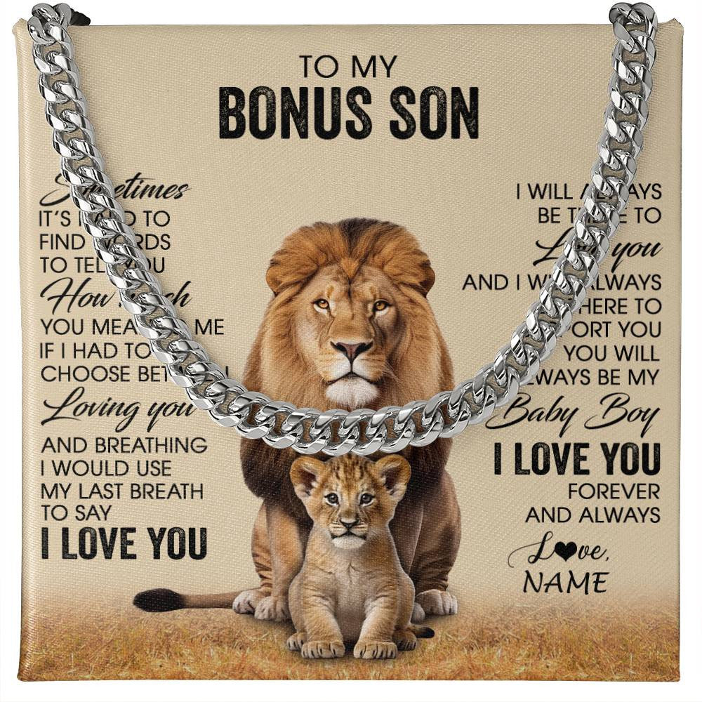 Cuban Link Chain Necklace Stainless Steel | 1 | Personalized To My Bonus Son Necklace From Stepdad Sometimes It's Hard Lion Stepson Gift Birthday Graduation Christmas Customized Gift Box Message Card | teecentury