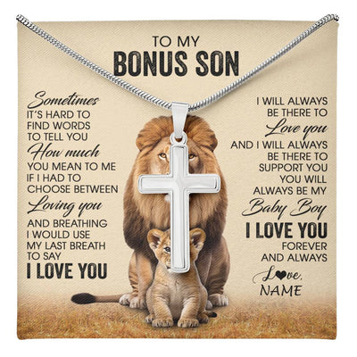 Stainless Cross Necklace Stainless Steel | 1 | Personalized To My Bonus Son Necklace From Stepdad Sometimes It's Hard Lion Stepson Gift Birthday Graduation Christmas Customized Gift Box Message Card | teecentury