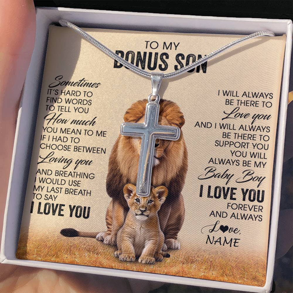 Stainless Cross Necklace Stainless Steel | 2 | Personalized To My Bonus Son Necklace From Stepdad Sometimes It's Hard Lion Stepson Gift Birthday Graduation Christmas Customized Gift Box Message Card | teecentury