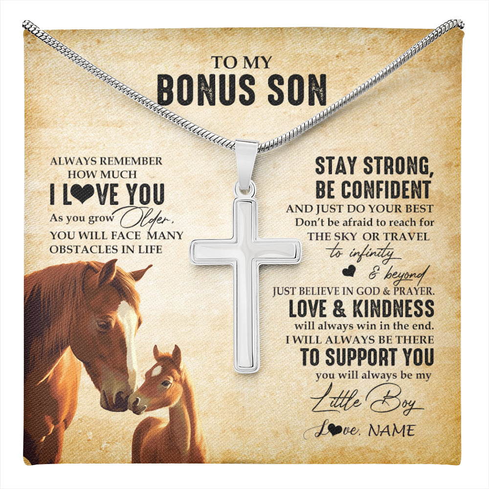 Stainless Cross Necklace Stainless Steel | 1 | Personalized To My Bonus Son Necklace From Stepdad Stepmom Always Remember I Love You Horse Stepson Birthday Gifts Christmas Customized Gift Box Message Card | teecentury