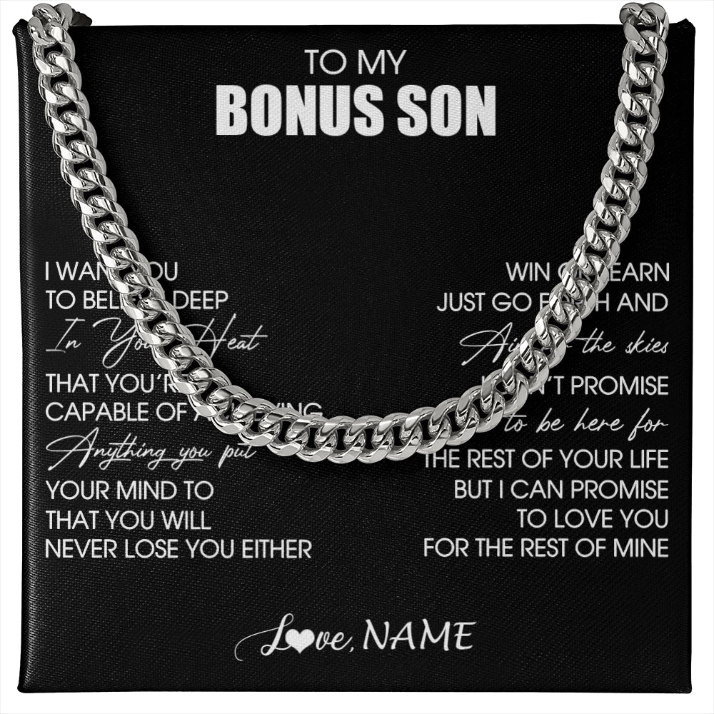Cuban Link Chain Necklace Stainless Steel | 1 | Personalized To My Bonus Son Necklace From Stepdad Stepmom Believe Deep In Your Heart Birthday Jewelry For Men Christmas Customized Gift Box Message Card | teecentury