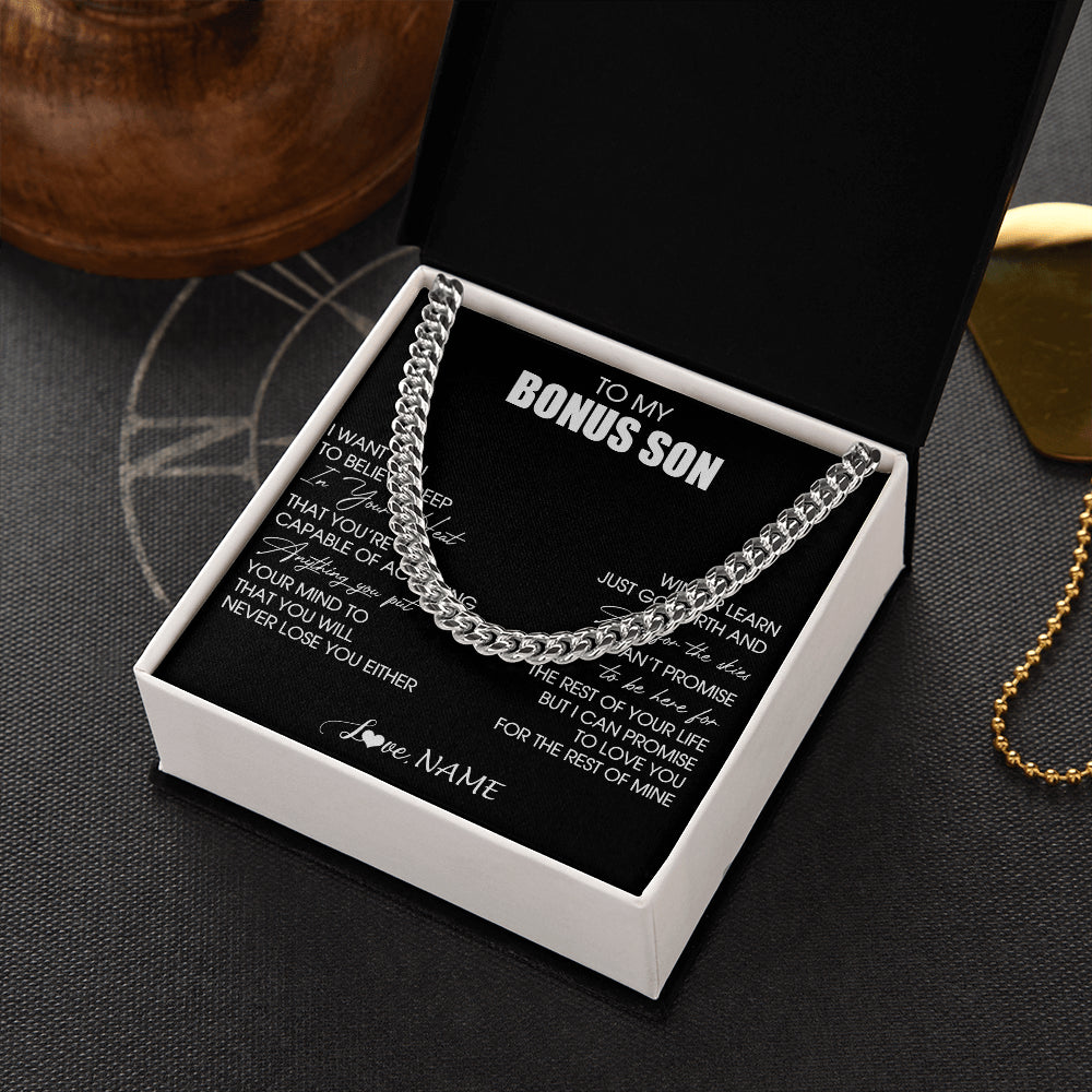 Cuban Link Chain Necklace Stainless Steel | 2 | Personalized To My Bonus Son Necklace From Stepdad Stepmom Believe Deep In Your Heart Birthday Jewelry For Men Christmas Customized Gift Box Message Card | teecentury