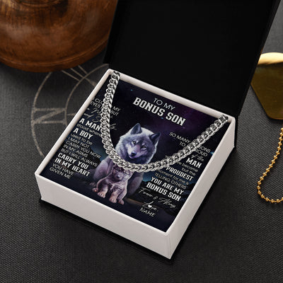 Cuban Link Chain Necklace Stainless Steel | 2 | Personalized To My Bonus Son Necklace From Stepdad Stepmom I Close My Eyes Wolf Stepson Birthday Gifts Graduation Christmas Customized Gift Box Message Card | teecentury