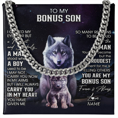 Cuban Link Chain Necklace Stainless Steel | 1 | Personalized To My Bonus Son Necklace From Stepdad Stepmom I Close My Eyes Wolf Stepson Birthday Gifts Graduation Christmas Customized Gift Box Message Card | teecentury