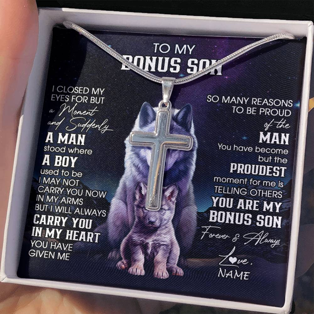 Stainless Cross Necklace Stainless Steel | 2 | Personalized To My Bonus Son Necklace From Stepdad Stepmom I Close My Eyes Wolf Stepson Birthday Gifts Graduation Christmas Customized Gift Box Message Card | teecentury