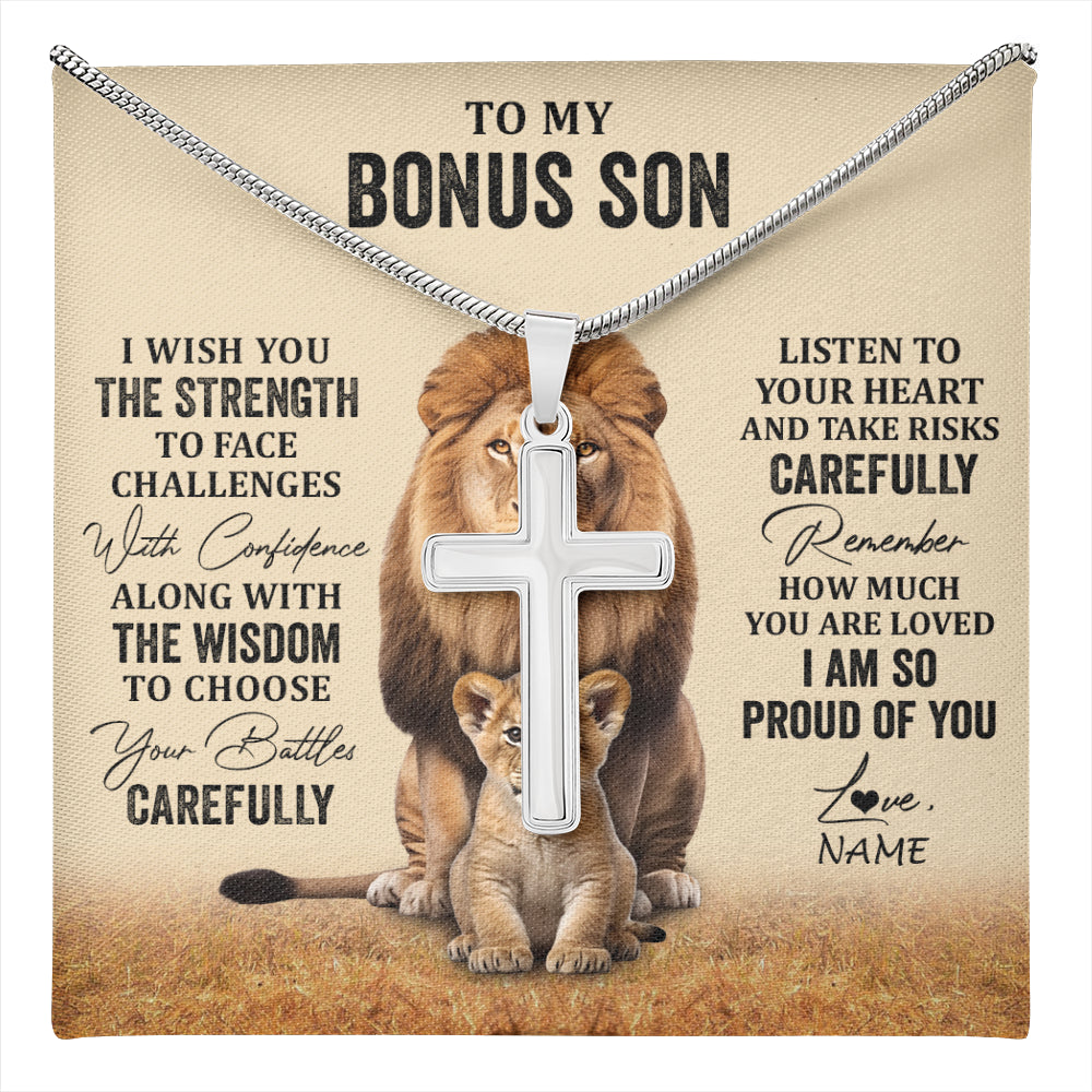 Stainless Cross Necklace Stainless Steel | 1 | Personalized To My Bonus Son Necklace From Stepdad Stepmom I Wish You The Strength Lion Stepson Birthday Graduation Christmas Customized Gift Box Message Card | teecentury