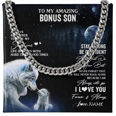 Cuban Link Chain Necklace Stainless Steel | 1 | Personalized To My Bonus Son Necklace From Stepdad Stepmom Moon Wolf Stepson Birthday Gifts Graduation Christmas Customized Gift Box Message Card | teecentury