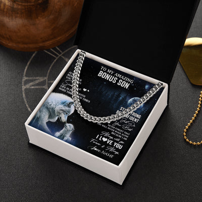 Cuban Link Chain Necklace Stainless Steel | 2 | Personalized To My Bonus Son Necklace From Stepdad Stepmom Moon Wolf Stepson Birthday Gifts Graduation Christmas Customized Gift Box Message Card | teecentury