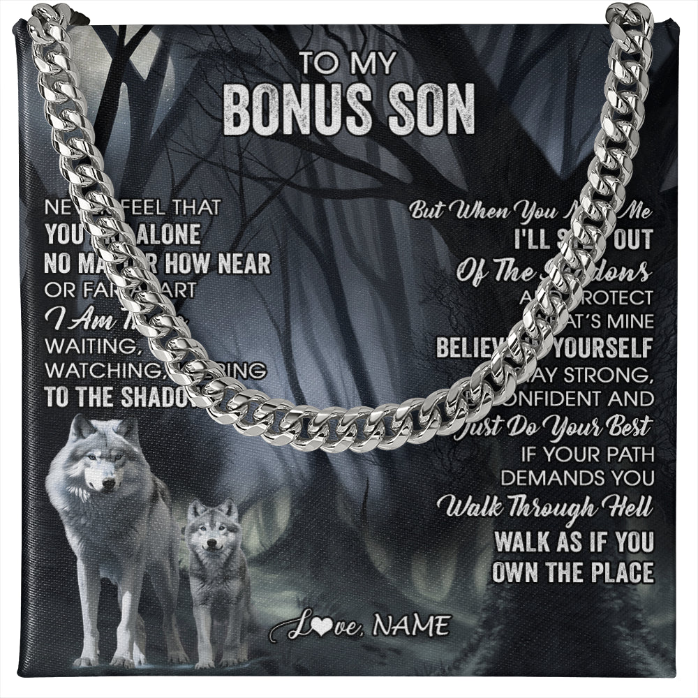 Cuban Link Chain Necklace Stainless Steel | 1 | Personalized To My Bonus Son Necklace From Stepdad Stepmom Never Feel That You Are Alone Wolf Birthday Graduation Christmas Customized Gift Box Message Card | teecentury