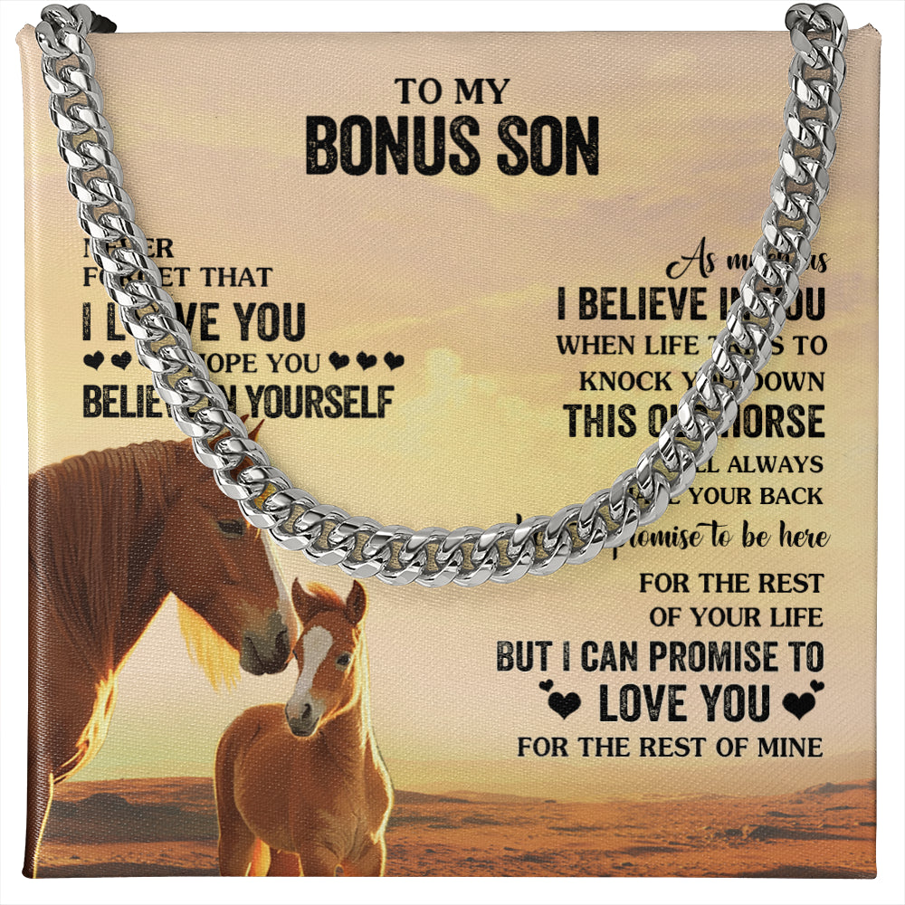 Cuban Link Chain Necklace Stainless Steel | 1 | Personalized To My Bonus Son Necklace From Stepdad Stepmom This Old Horse Love You Stepson Birthday Graduation Christmas Customized Gift Box Message Card | teecentury