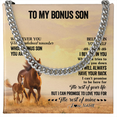 Cuban Link Chain Necklace Stainless Steel | 1 | Personalized To My Bonus Son Necklace From Stepdad Stepmom Whenever You Feel Horse Stepson Birthday Graduation Christmas Customized Gift Box Message Card | teecentury