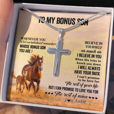 Stainless Cross Necklace Stainless Steel | 2 | Personalized To My Bonus Son Necklace From Stepdad Stepmom Whenever You Feel Horse Stepson Birthday Graduation Christmas Customized Gift Box Message Card | teecentury